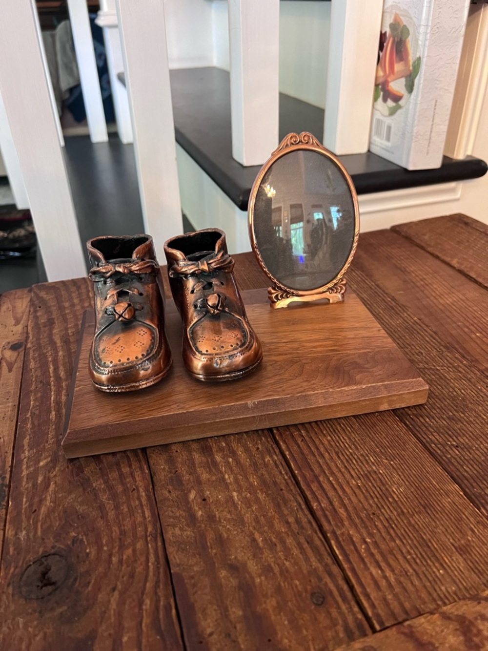 Vintage Bronze Baby Shoe Figurine with Decorative Mirror - Bronze